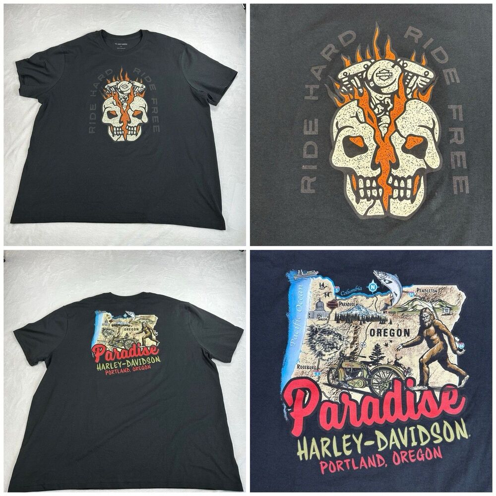 Harley Davidson Portland Oregon Shirt 2XL‎ Skull Ride Hard Ride Free Bigfoot